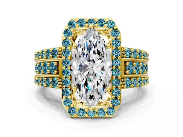 Marquise Cut Halo Diamond Ring with Round Blue Topaz Split Shank and Prong Setting Yellow gold