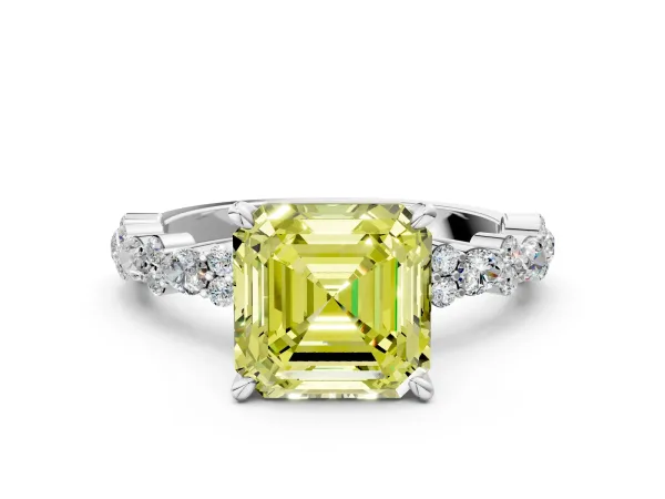 Fancy Yellow Asscher Cut Diamond Side Stone Solitaire Ring with Round and Four-Prong Setting Platinum
