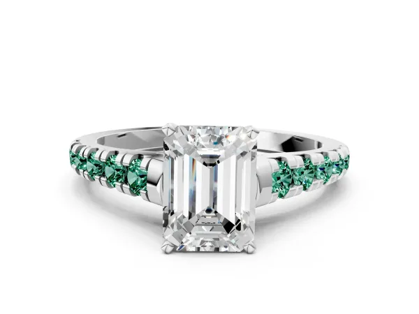 Emerald Cut Diamond Cathedral Solitaire Ring with Round Green Sapphire Pavé Band White gold