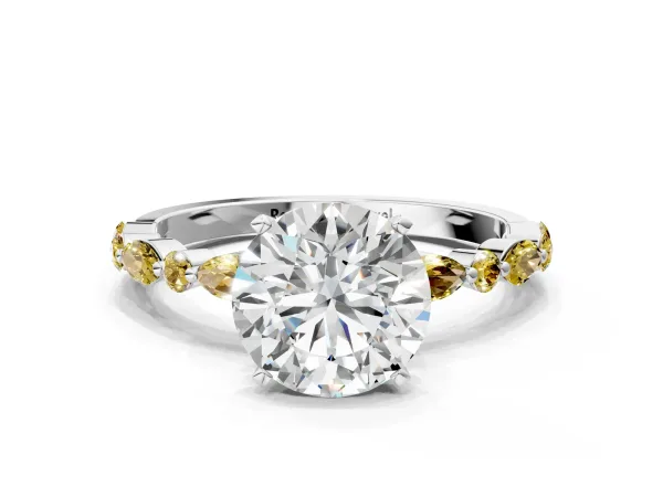 Round Cut Diamond Ring with Marquise and Round Yellow Sapphire Side Stones and Four-Prong Setting White gold