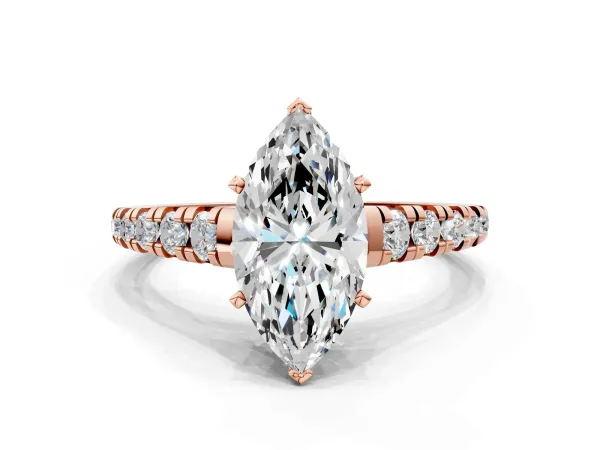 Marquise Cut Diamond Cathedral Solitaire Ring with Round Pavé Band Rose gold