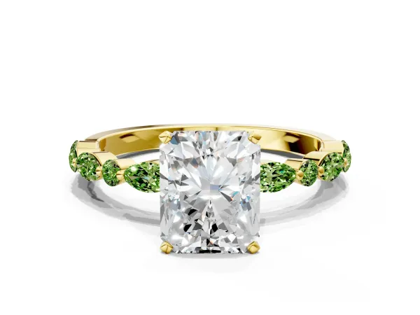 Radiant Cut Diamond Ring with Marquise and Round Peridot Side Stones and Four-Prong Setting Yellow gold