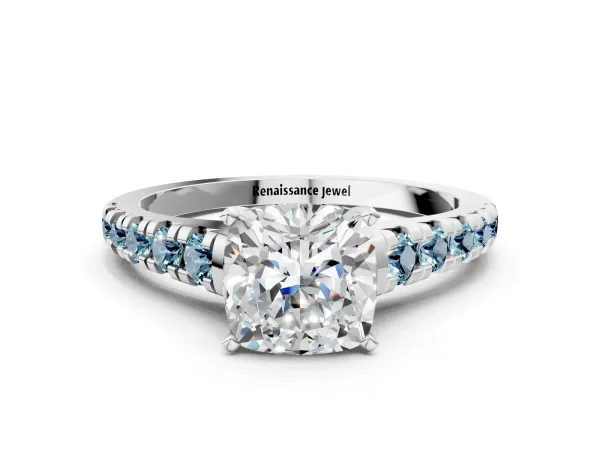 Cushion Cut Diamond Cathedral Solitaire Ring with Round Aquamarine Pavé Band Platinum