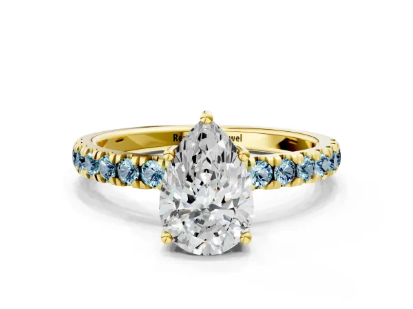 Pear Cut Diamond Pave Band Solitaire Ring with Round Aquamarine and Prong Setting Yellow gold
