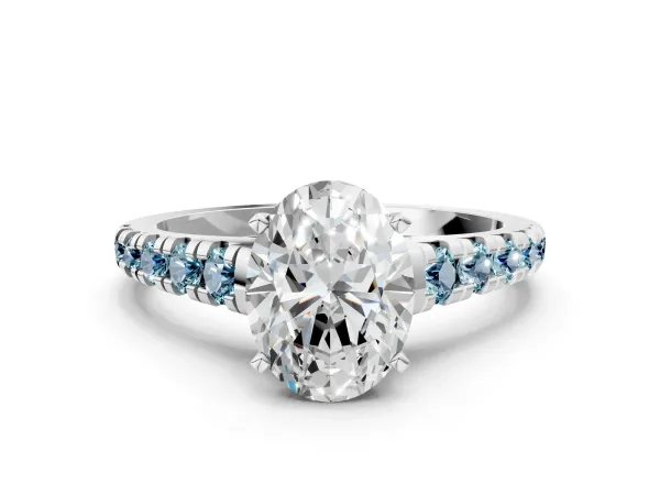 Oval Cut Diamond Cathedral Solitaire Ring with Round Aquamarine Pavé Band White gold