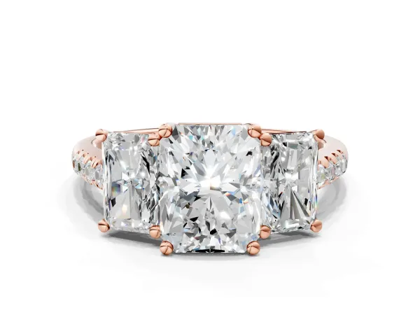 Three-Stone Radiant Cut Diamond Ring with Round Moissanite Pavé Band and Prong Setting Rose gold