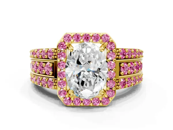 Oval Cut Halo Diamond Ring with Round Pink Sapphire Split Shank and Prong Setting Yellow gold