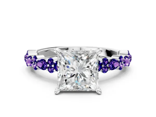 Princess Cut Diamond Side Stone Solitaire Ring with Round Tanzanite and Four-Prong Setting White gold