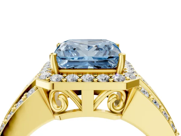 Fancy Blue Princess Cut Halo Diamond Ring with Round Split Shank and Prong Setting Yellow gold