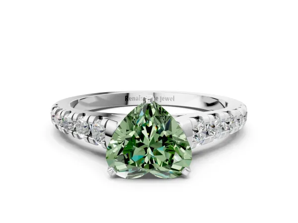 Fancy Green Heart Cut Diamond Cathedral Solitaire Ring with Round Pavé Band Platinum