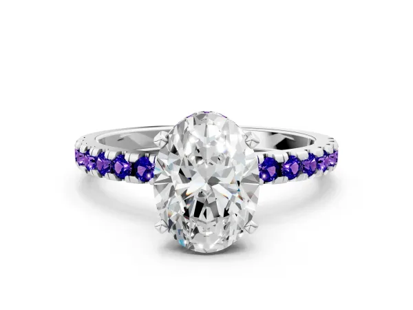 Oval Cut Diamond Solitaire Ring with Round Tanzanite Pavé Band and Four-Prong Setting Silver