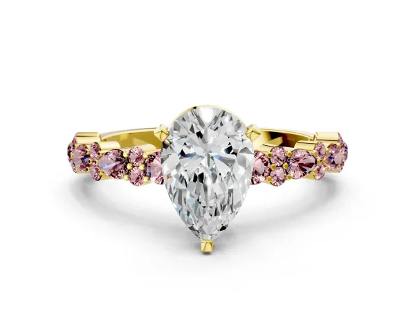 Pear Cut Diamond Side Stone Solitaire Ring with Round Morganite and Four-Prong Setting Yellow gold