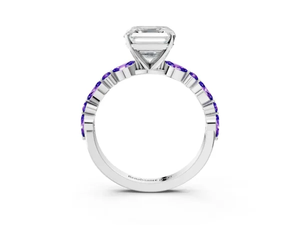 Asscher Cut Diamond Ring with Marquise and Round Tanzanite Side Stones and Four-Prong Setting Platinum