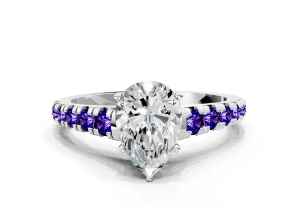 Pear Cut Diamond Cathedral Solitaire Ring with Round Tanzanite Pavé Band White gold