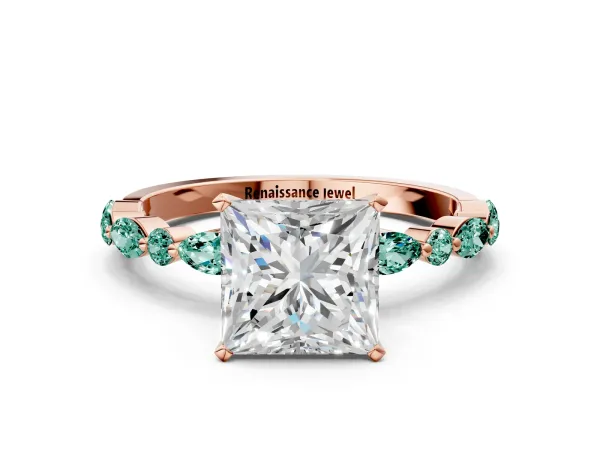 Princess Cut Diamond Ring with Marquise and Round Green Sapphire Side Stones and Four-Prong Setting Rose gold