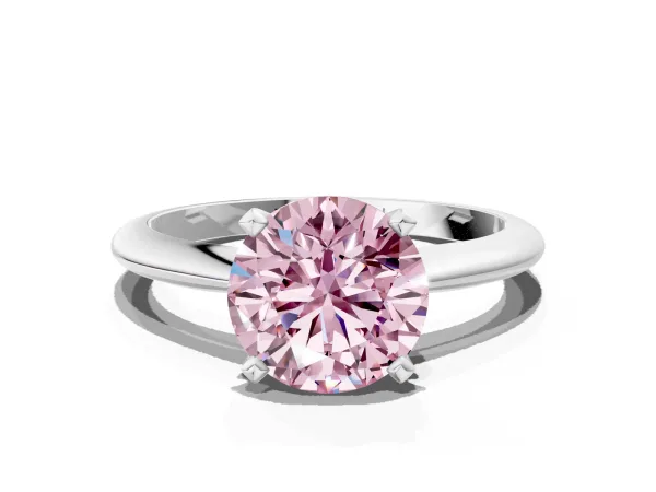 Fancy Pink Round Cut Diamond Solitaire Engagement Ring with Classic Band and Four-Prong Setting Silver