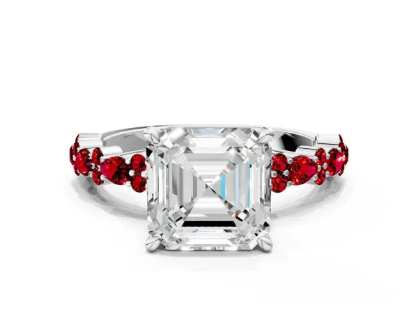 Asscher Cut Diamond Side Stone Solitaire Ring with Round Ruby and Four-Prong Setting Platinum
