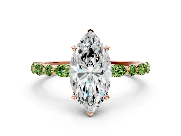 Marquise Cut Diamond Ring with Marquise and Round Peridot Side Stones and Four-Prong Setting Rose gold