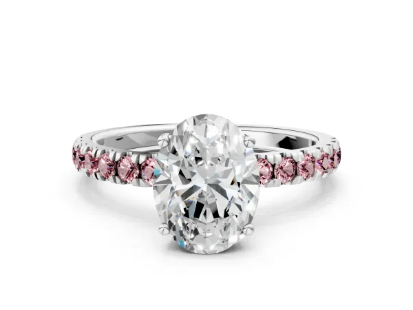 Oval Cut Diamond Pave Band Solitaire Ring with Round Morganite and Prong Setting Platinum