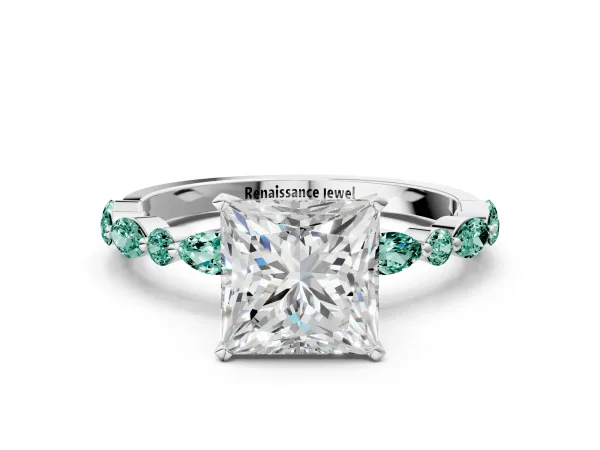 Princess Cut Diamond Ring with Marquise and Round Green Sapphire Side Stones and Four-Prong Setting Platinum