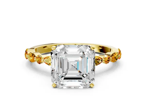 Asscher Cut Diamond Ring with Marquise and Round Citrine Side Stones and Four-Prong Setting Yellow gold