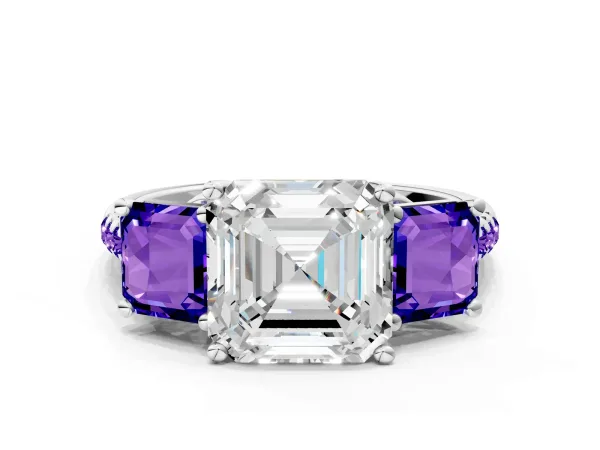 Three-Stone Asscher Cut Diamond Ring with Round Tanzanite Pavé Band and Prong Setting White gold
