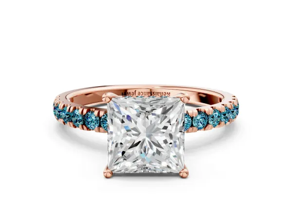Princess Cut Diamond Pave Band Solitaire Ring with Round Blue Topaz and Prong Setting Rose gold
