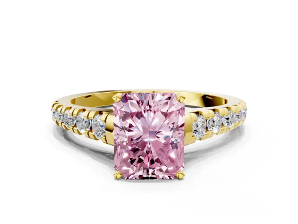 Fancy Pink Radiant Cut Diamond Cathedral Solitaire Ring with Round Pavé Band Yellow gold