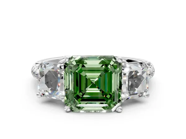 Fancy Green Three-Stone Asscher Cut Diamond Ring with Round Pavé Band and Prong Setting White gold