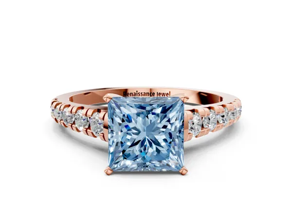 Fancy Blue Princess Cut Diamond Cathedral Solitaire Ring with Round Pavé Band Rose gold