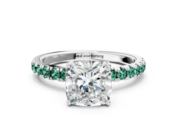 Cushion Cut Diamond Pave Band Solitaire Ring with Round Green Sapphire and Prong Setting Platinum