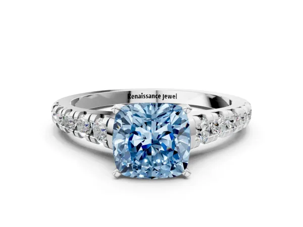 Fancy Blue Cushion Cut Diamond Cathedral Solitaire Ring with Round Pavé Band Platinum