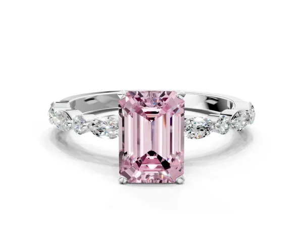 Fancy Pink Emerald Cut Diamond Ring with Marquise and Round Side Stones and Four-Prong Setting White gold
