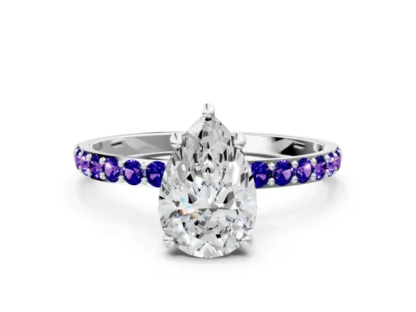 Pear Cut Diamond Solitaire Ring with Round Tanzanite Pavé Band and Prong Setting Platinum