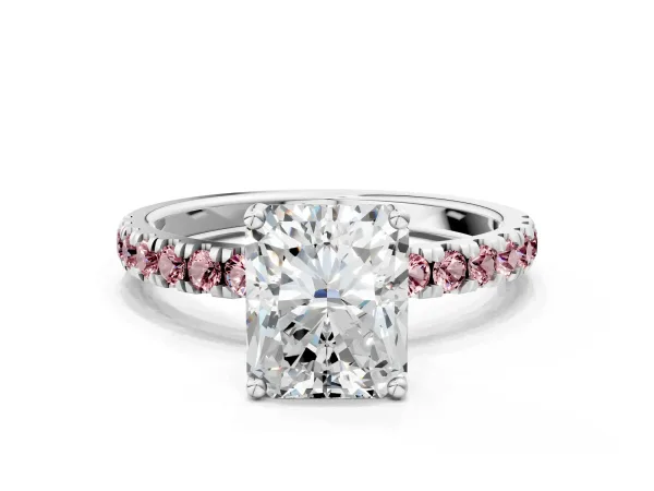 Radiant Cut Diamond Pave Band Solitaire Ring with Round Morganite and Prong Setting Platinum
