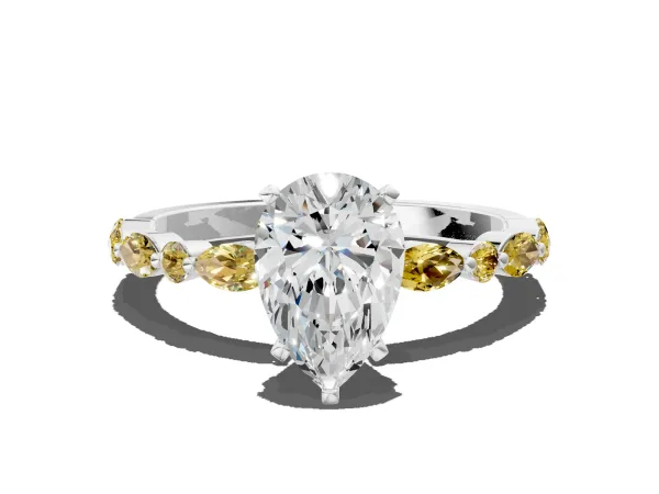 Pear Cut Diamond Ring with Marquise and Round Yellow Sapphire Side Stones and Four-Prong Setting White gold