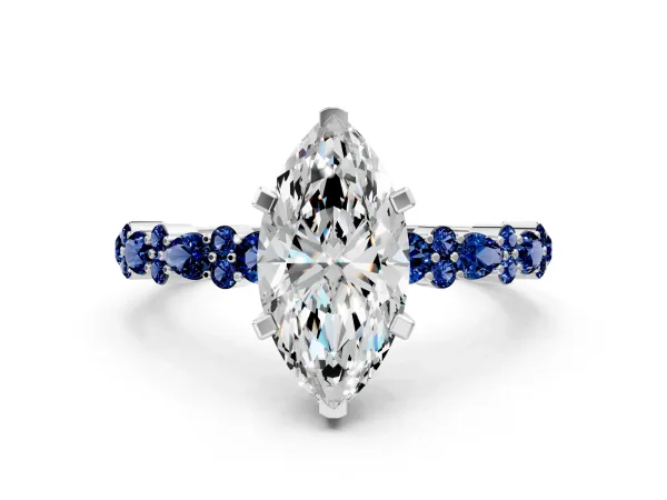 Marquise Cut Diamond Side Stone Solitaire Ring with Round Blue Sapphire and Four-Prong Setting Platinum