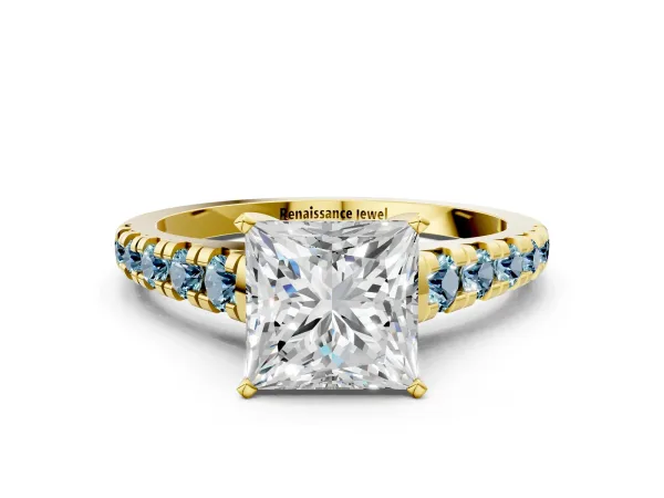 Princess Cut Diamond Cathedral Solitaire Ring with Round Aquamarine Pavé Band Yellow gold