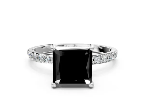 Fancy Black Princess Cut Diamond Solitaire Ring with Round Pavé Band and Prong Setting Silver