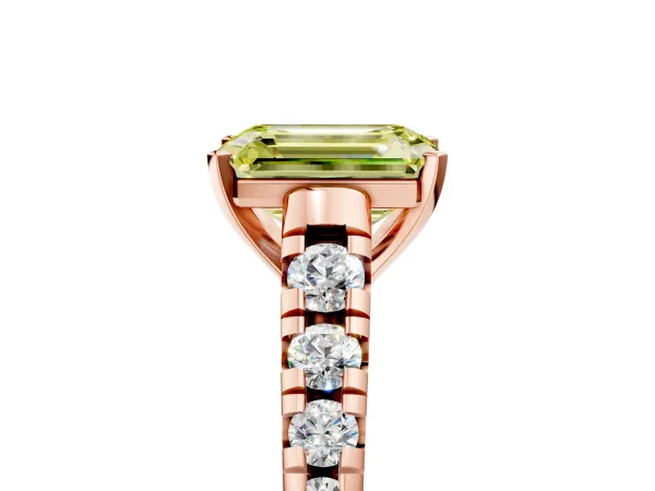 Fancy Yellow Emerald Cut Diamond Cathedral Solitaire Ring with Round Pavé Band Rose gold