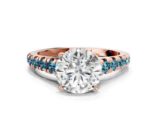Round Cut Diamond Cathedral Solitaire Ring with Round Blue Topaz Pavé Band Rose gold