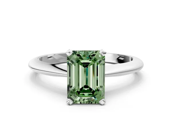 Fancy Green Emerald Cut Diamond Solitaire Engagement Ring with Classic Band and Four-Prong Setting White gold