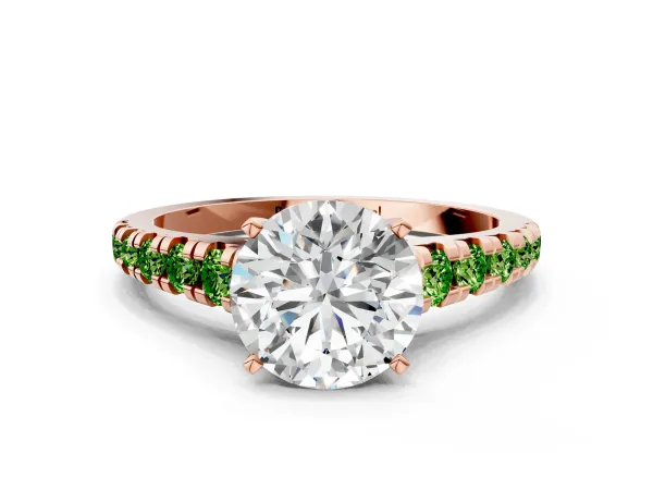 Round Cut Diamond Cathedral Solitaire Ring with Round Peridot Pavé Band Rose gold
