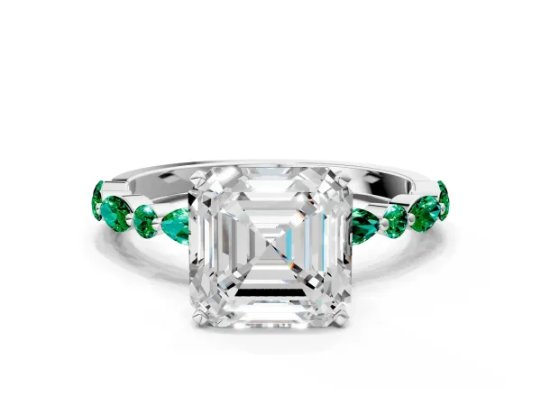 Asscher Cut Diamond Ring with Marquise and Round Emerald Side Stones and Four-Prong Setting Platinum