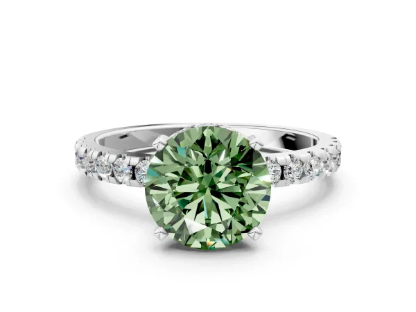 Fancy Green Round Cut Diamond Solitaire Ring with Round Pavé Band and Four-Prong Setting White gold
