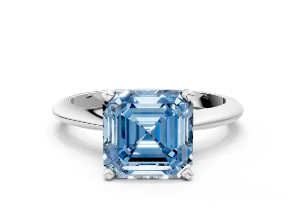 Fancy Blue Asscher Cut Diamond Solitaire Engagement Ring with Classic Band and Four-Prong Setting White gold