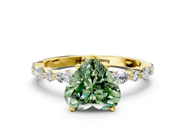 Fancy Green Heart Cut Diamond Ring with Marquise and Round Side Stones and Four-Prong Setting Yellow gold