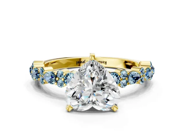 Heart Cut Diamond Side Stone Solitaire Ring with Round Aquamarine and Four-Prong Setting Yellow gold