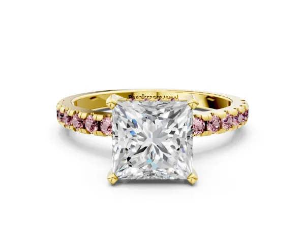 Princess Cut Diamond Solitaire Ring with Round Morganite Pavé Band and Four-Prong Setting Yellow gold