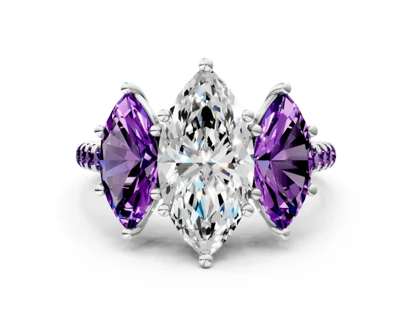 Three-Stone Marquise Cut Diamond Ring with Round Amethyst Pavé Band and Prong Setting Platinum